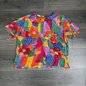 Vintage Diversity 100%‎ Silk Art To Wear Multicolor Floral Blouse Top Size MP